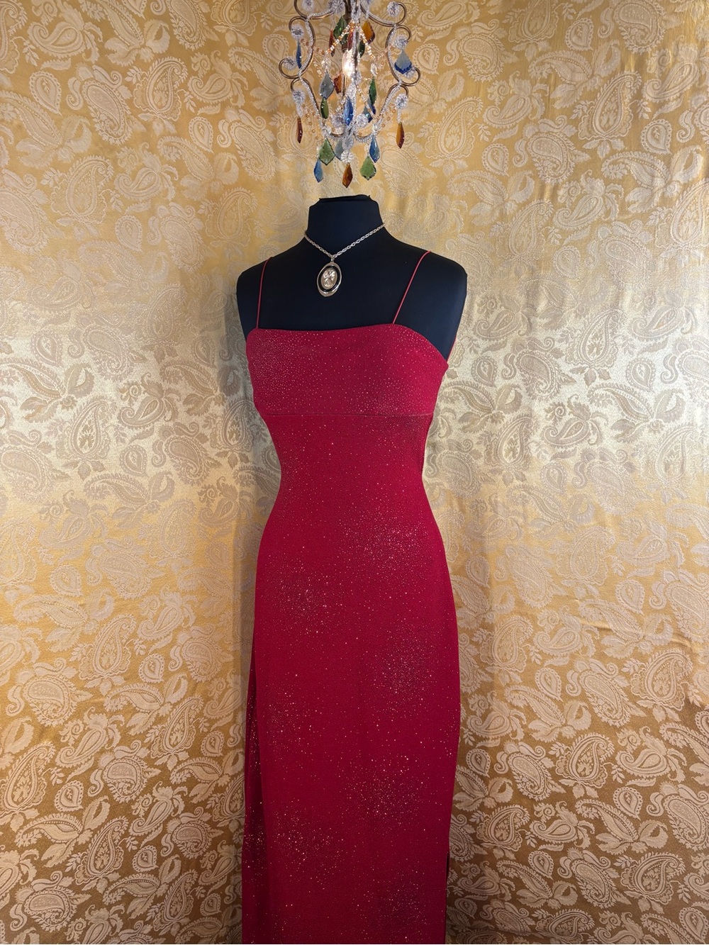 ✨Vintage 90s Cherry Glitter Empire Waist Formal Maxi Dress✨
